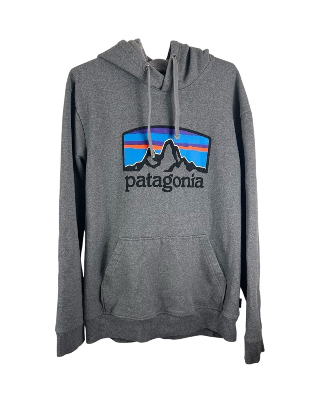 Patagonia Gray Pullover Hoodie with Colorful Mountain Logo